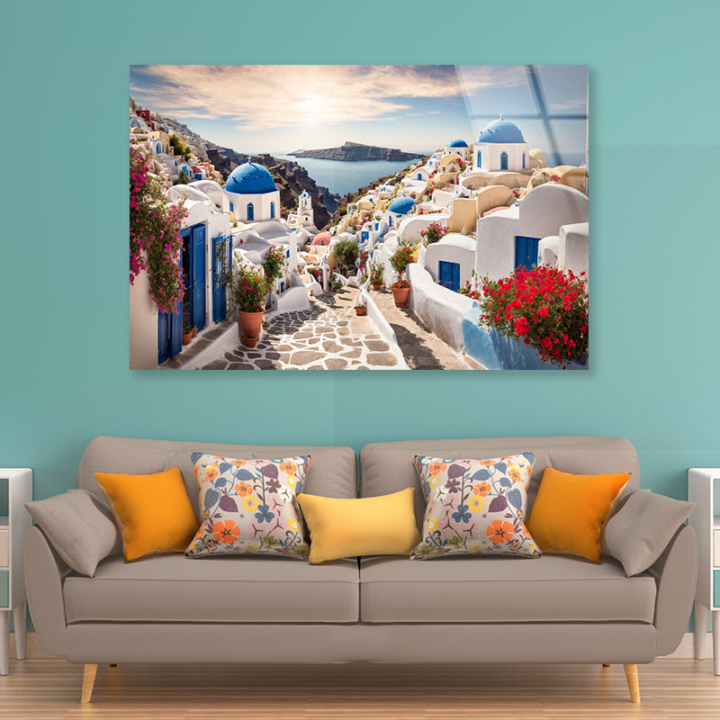 Streets of Santorini with Flowers Acrylic Glass Print Tempered Glass Wall Art 100% Made in Australia Ready to Hang - Bella Home Decor