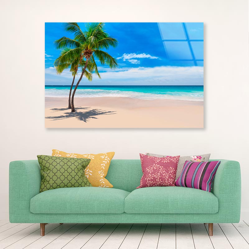 Sunny Sand Beach with Palm Acrylic Glass Print Tempered Glass Wall Art 100% Made in Australia Ready to Hang - Bella Home Decor