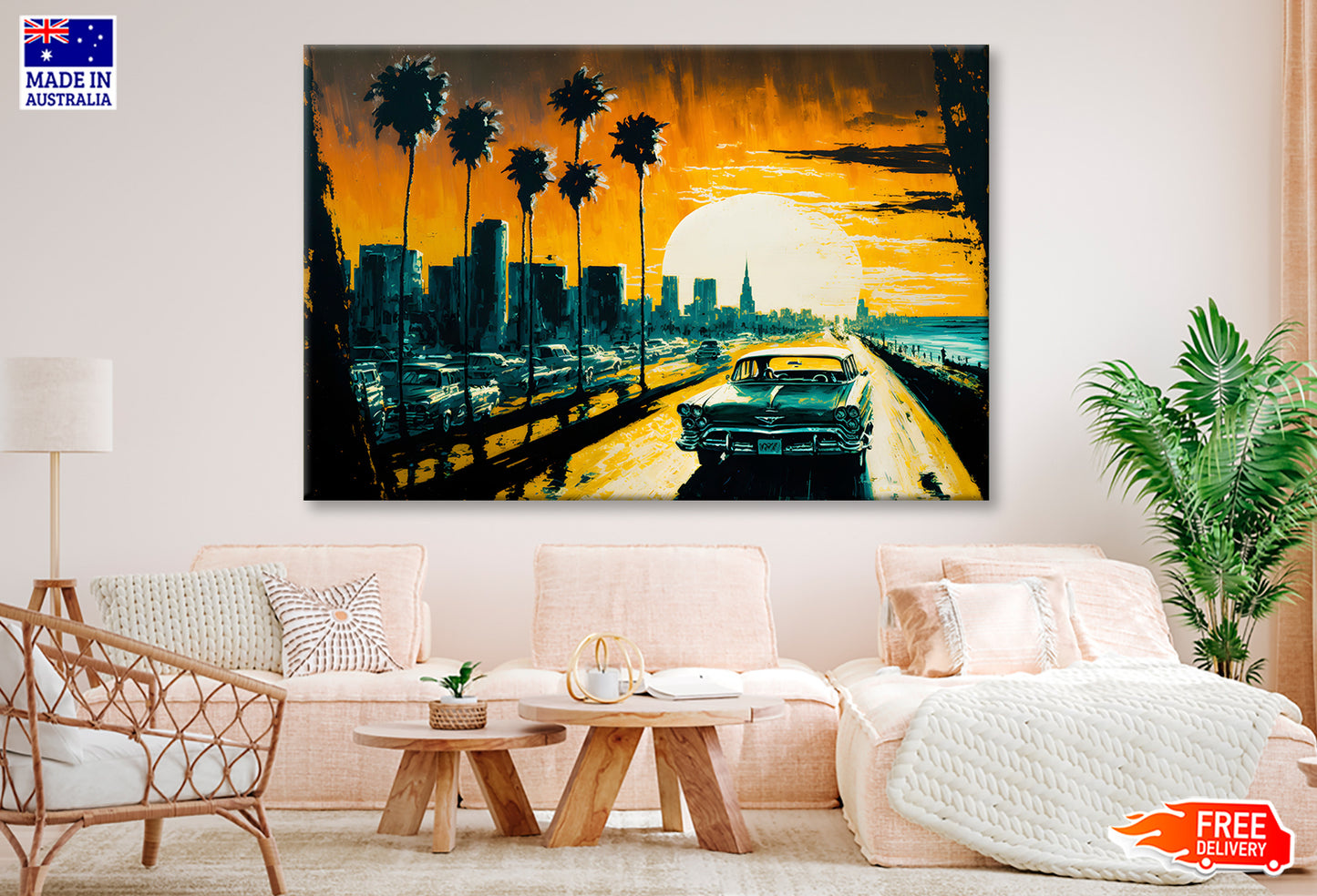 Car in Cityscape & Palm Trees Sunset Sky Oil Painting Wall Art Limited Edition High Quality Print