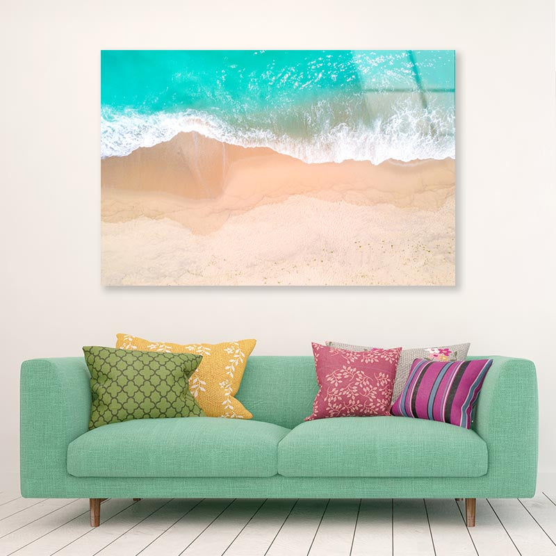 Aerial View Of Sandy Beach and Ocean with Waves Acrylic Glass Print Tempered Glass Wall Art 100% Made in Australia Ready to Hang