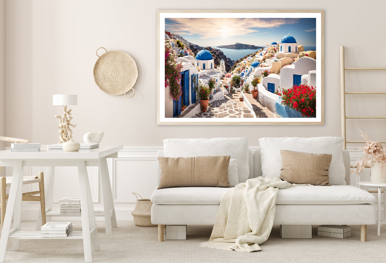 Streets of Santorini with Flowers Home Decor Premium Quality Poster Print Choose Your Sizes