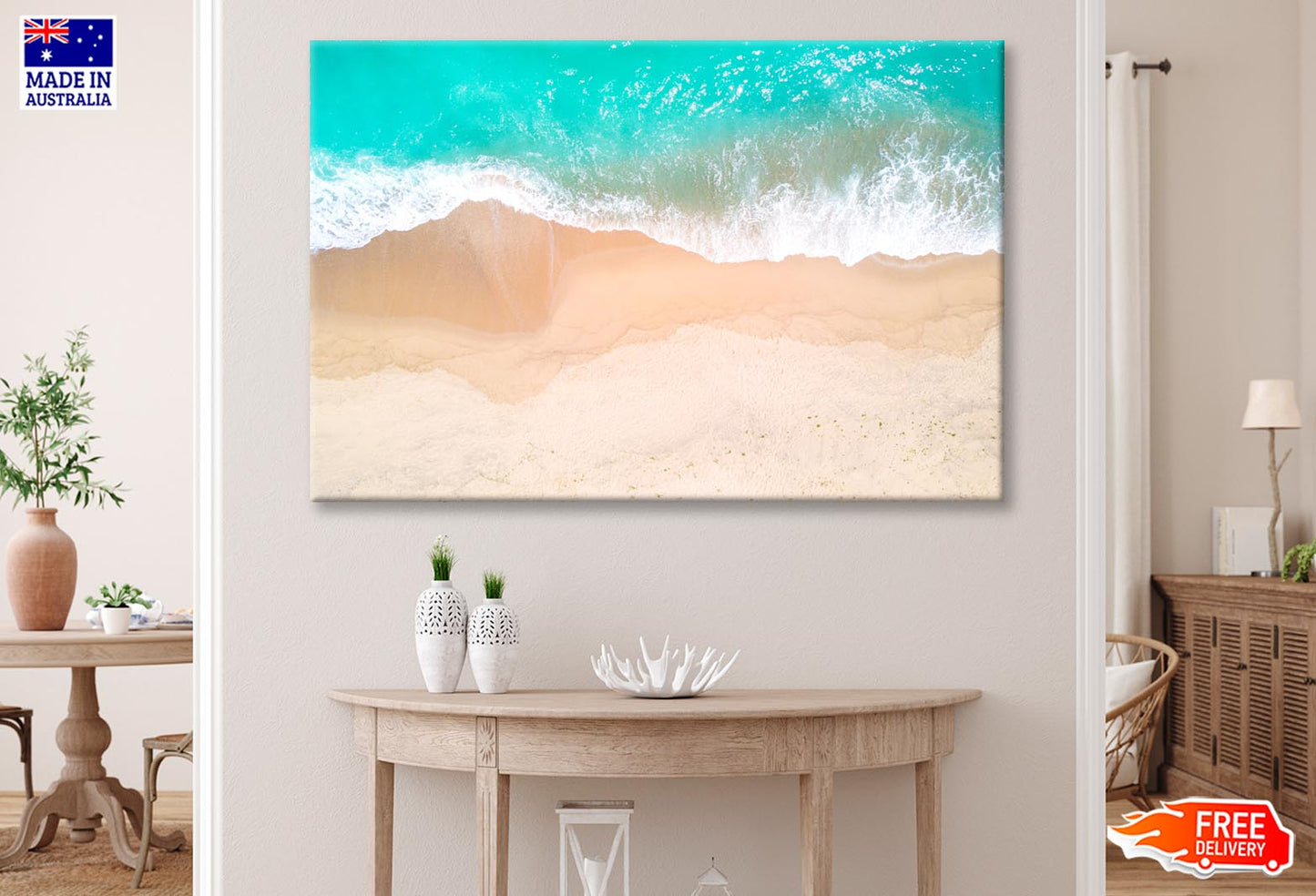 Aerial View Of Sandy Beach and Ocean with Waves  Wall Art Decor 100% Australian Made