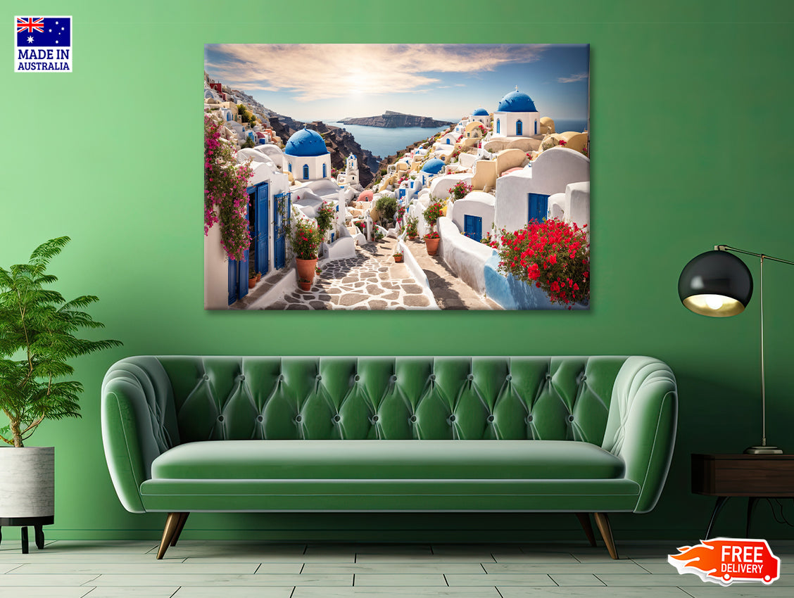 Streets of Santorini with Flowers Print 100% Australian Made - Bella Home Decor