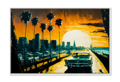 Car in Cityscape & Palm Trees Sunset Sky Oil Painting Wall Art Limited Edition High Quality Print Canvas Box Framed White