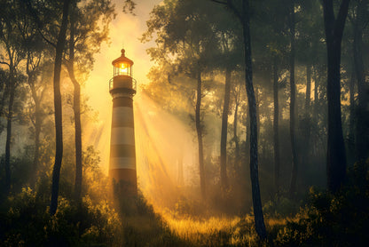 Lighthouse in the Woods, Sunlight Home Decor Premium Quality Poster Print Choose Your Sizes