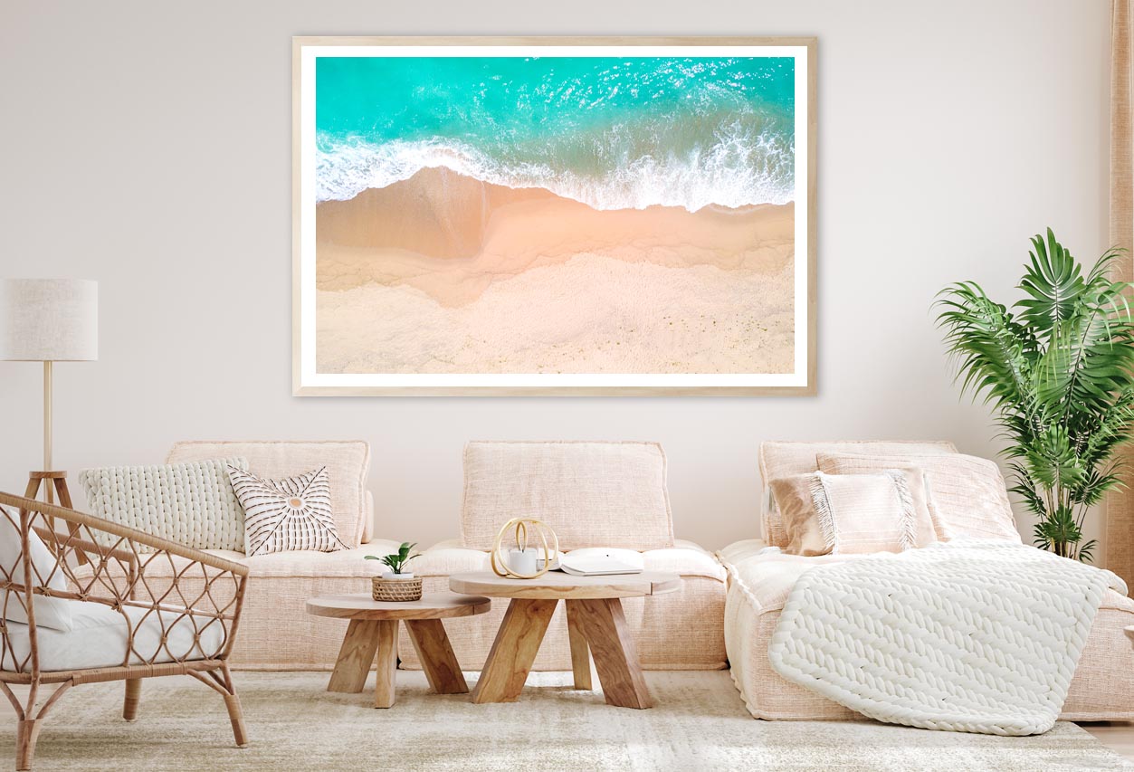 Aerial View Of Sandy Beach and Ocean with Waves Home Decor Premium Quality Poster Print Choose Your Sizes - Bella Home Decor