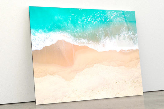 Aerial View Of Sandy Beach and Ocean with Waves Acrylic Glass Print Tempered Glass Wall Art 100% Made in Australia Ready to Hang