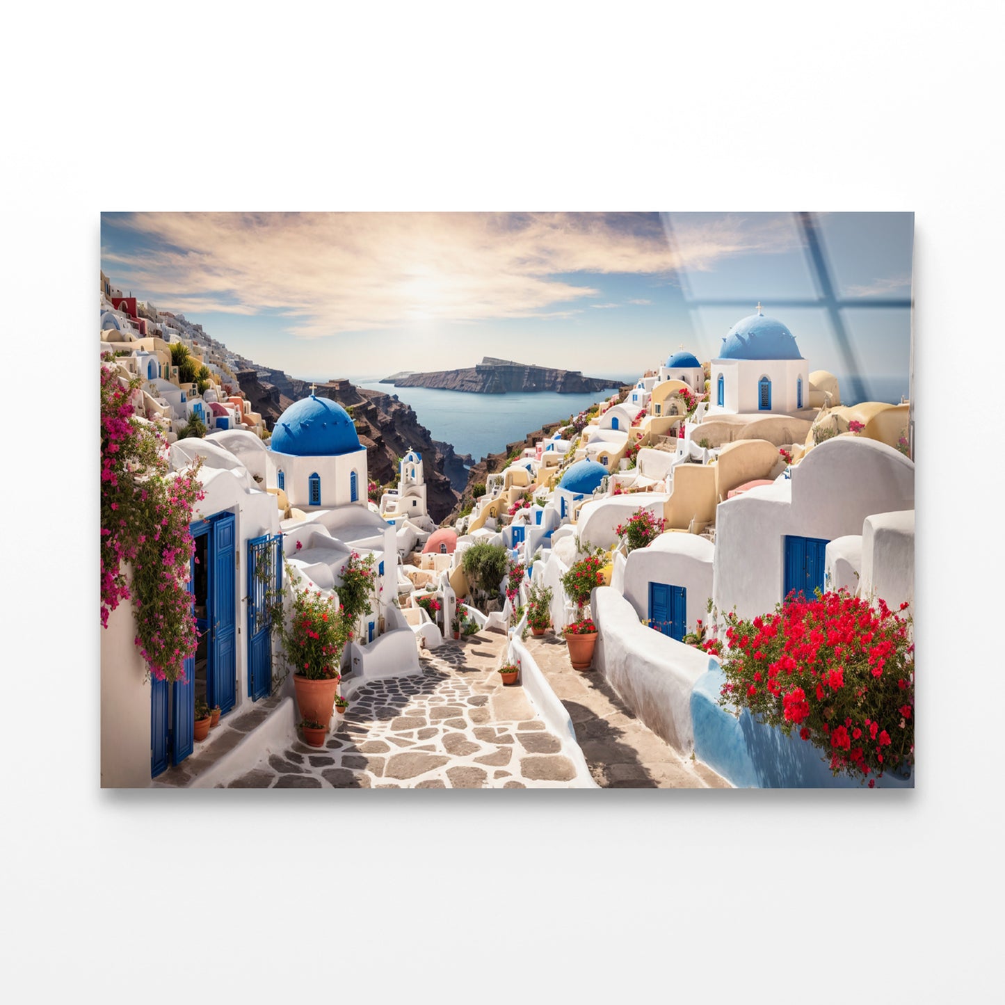 Streets of Santorini with Flowers Acrylic Glass Print Tempered Glass Wall Art 100% Made in Australia Ready to Hang - Bella Home Decor