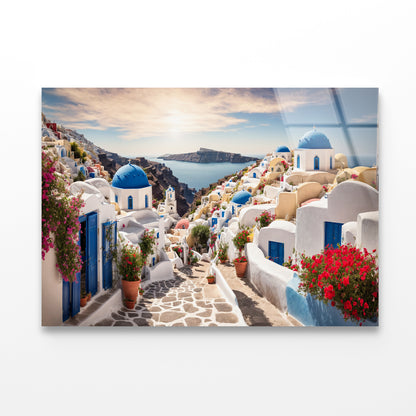 Streets of Santorini with Flowers Acrylic Glass Print Tempered Glass Wall Art 100% Made in Australia Ready to Hang - Bella Home Decor