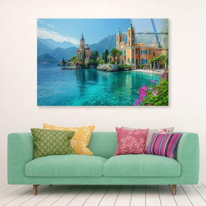 Building with a River, Mountains, Sky Acrylic Glass Print Tempered Glass Wall Art 100% Made in Australia Ready to Hang - Bella Home Decor