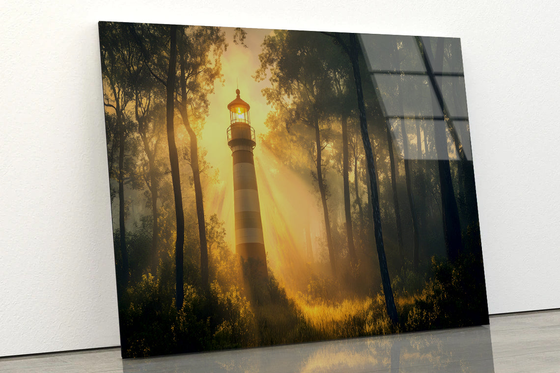 Lighthouse in the Woods, Sunlight Acrylic Glass Print Tempered Glass Wall Art 100% Made in Australia Ready to Hang - Bella Home Decor
