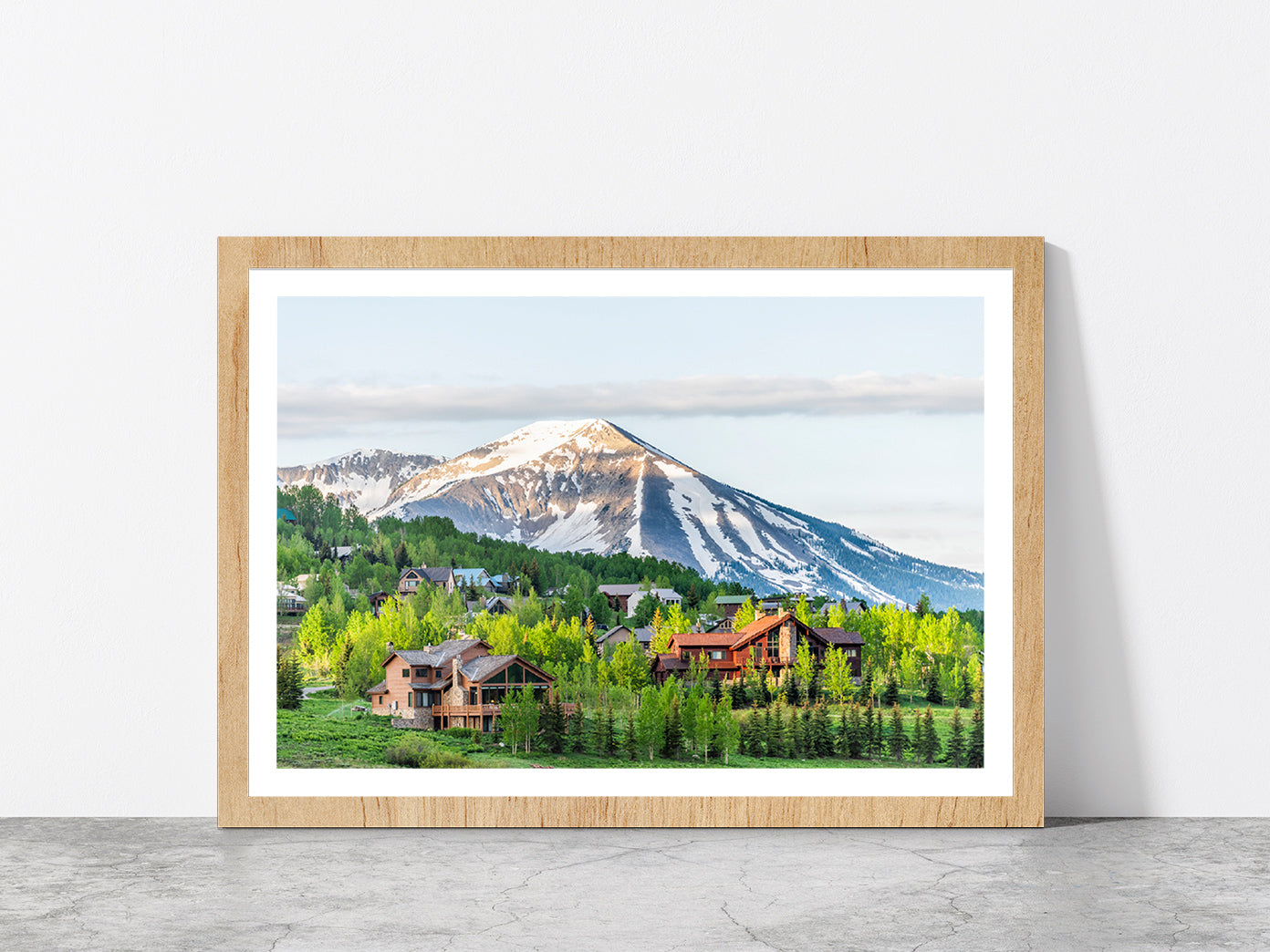 Colorado Village In Summer Glass Framed Wall Art, Ready to Hang Quality Print With White Border Oak