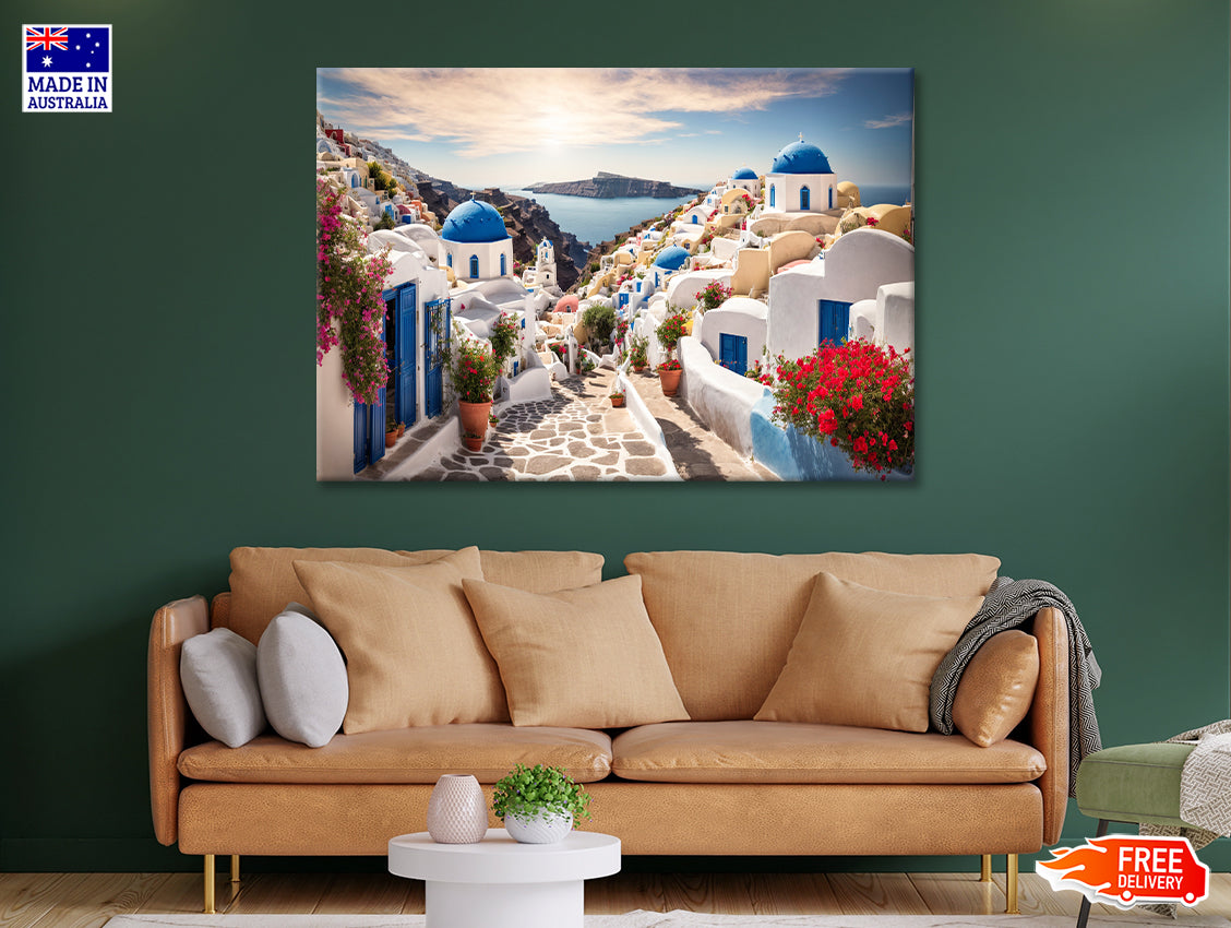 Streets of Santorini with Flowers Print 100% Australian Made - Bella Home Decor