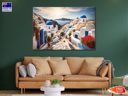 Streets of Santorini with Flowers Print 100% Australian Made - Bella Home Decor