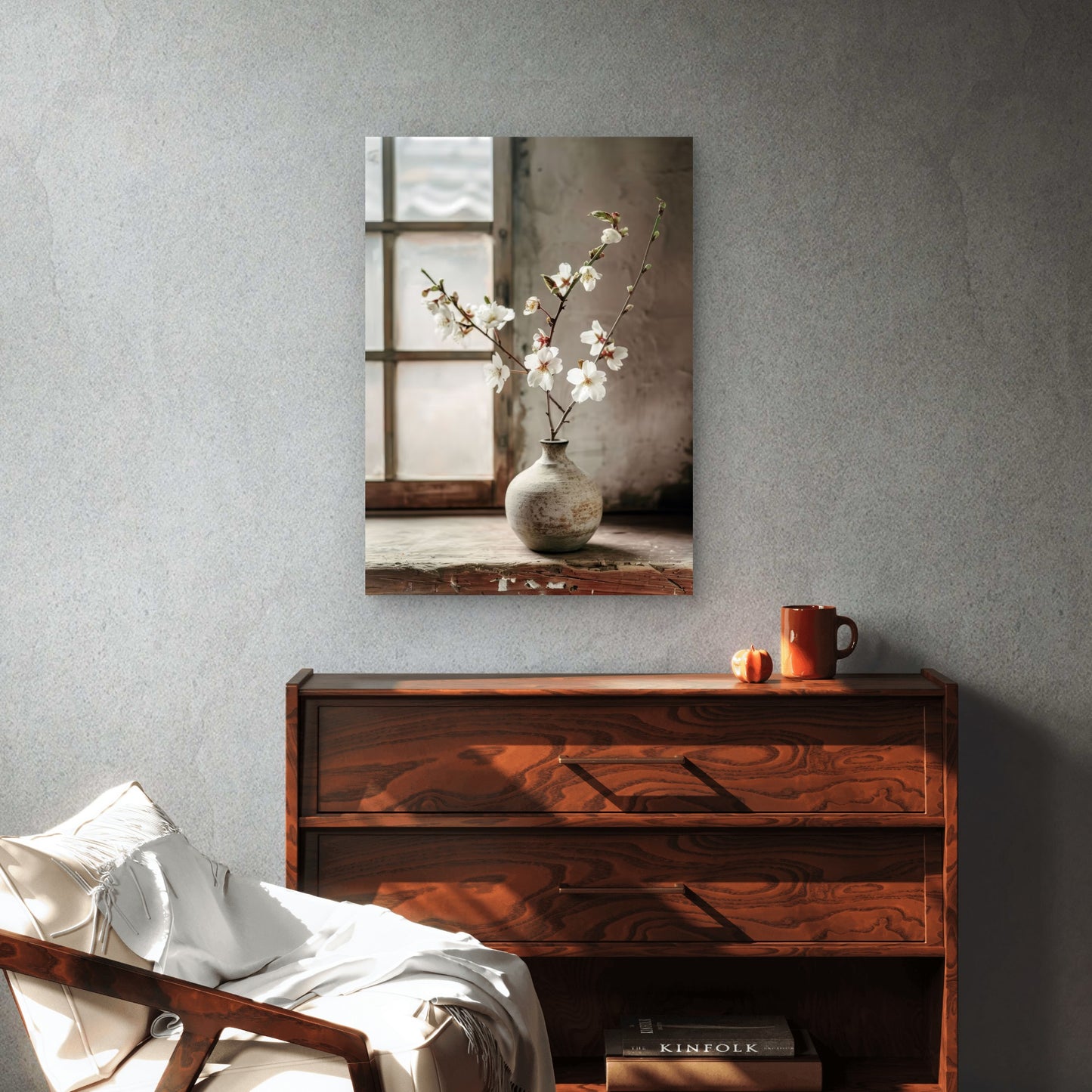 White Cherry Blossom Zen Vase 40x60cm Metal Print Ready to Hang - Bella Home Decor