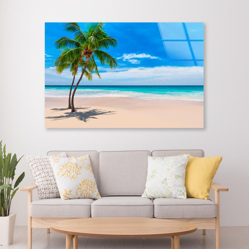 Sunny Sand Beach with Palm Acrylic Glass Print Tempered Glass Wall Art 100% Made in Australia Ready to Hang - Bella Home Decor