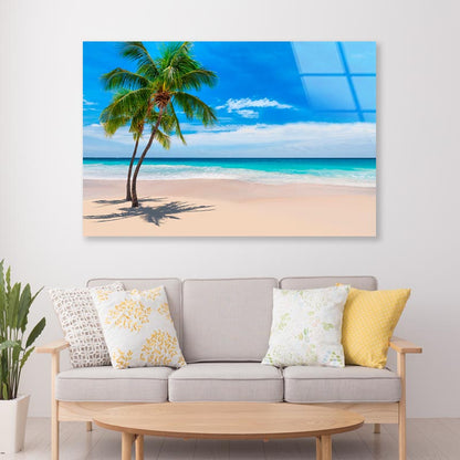 Sunny Sand Beach with Palm Acrylic Glass Print Tempered Glass Wall Art 100% Made in Australia Ready to Hang - Bella Home Decor