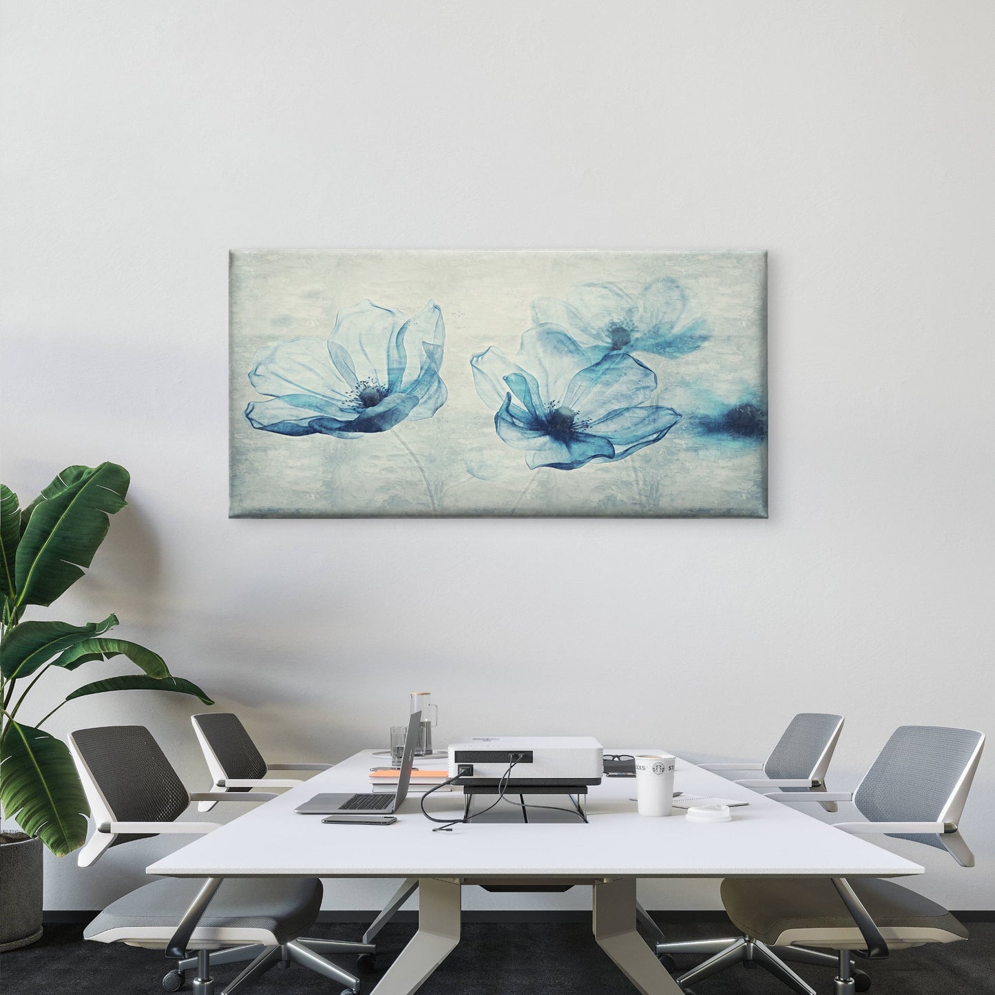 Blue Floral Blossom Wall Art Canvas Office Home Room Framed 120x60cm - Bella Home Decor