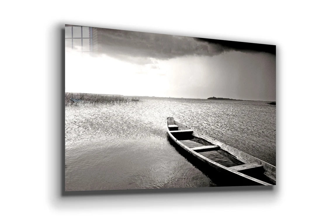 B&W Lonely Boat Lake UV Direct Aluminum Print Australian Made Quality