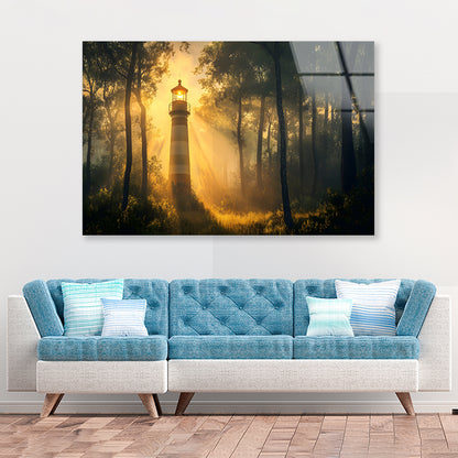 Lighthouse in the Woods, Sunlight Acrylic Glass Print Tempered Glass Wall Art 100% Made in Australia Ready to Hang - Bella Home Decor