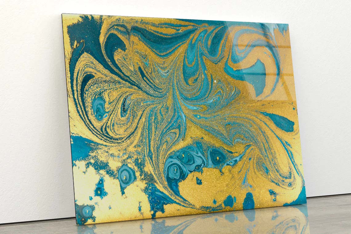 Golden Blue Marbling Acrylic Glass Print Tempered Glass Wall Art 100% Made in Australia Ready to Hang