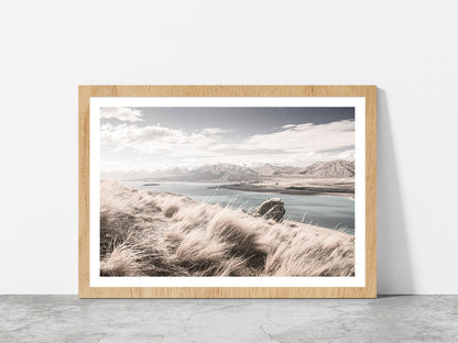 Sand Dunes near Beach & Mountains Photograph Glass Framed Wall Art, Ready to Hang Quality Print With White Border Oak