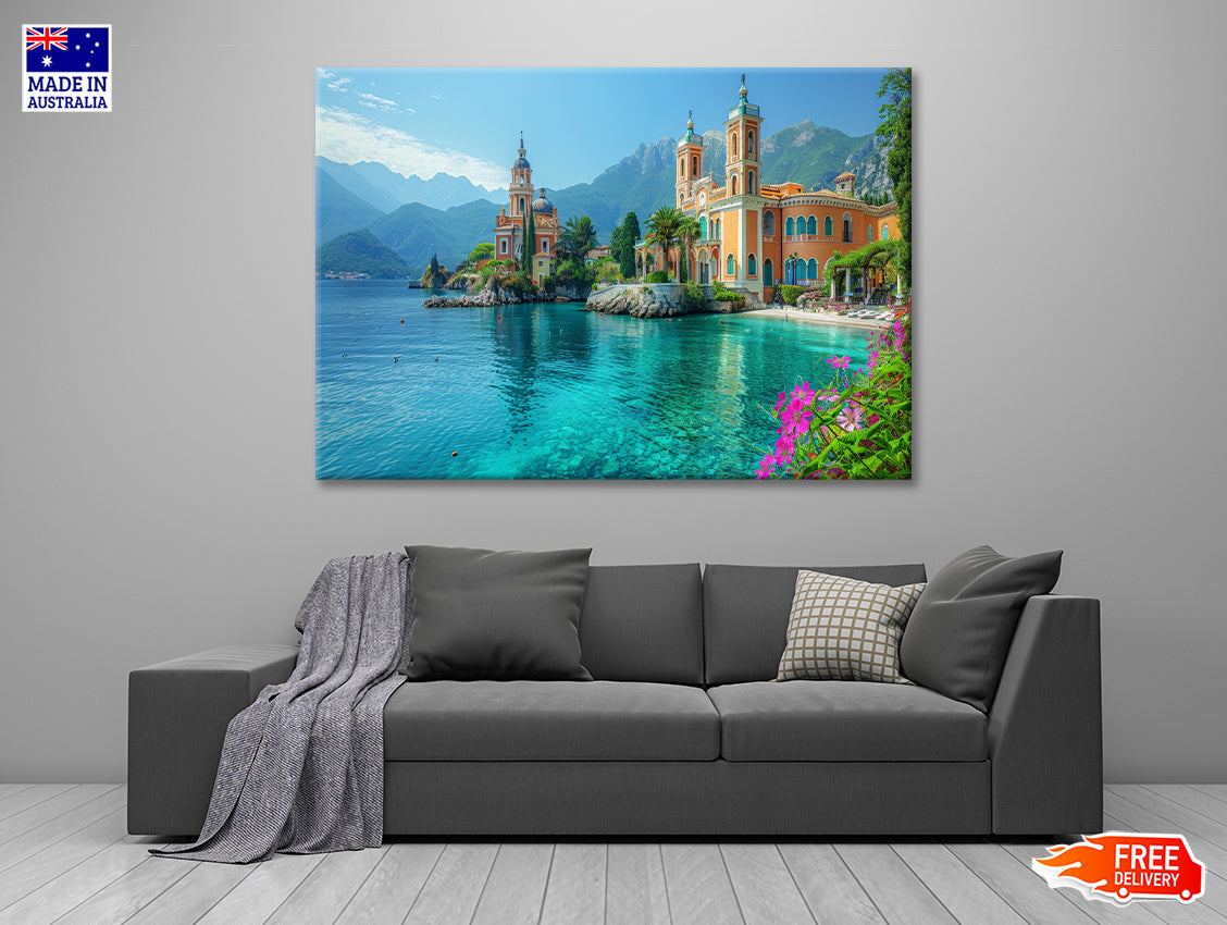 Building with a River, Mountains, Sky Print 100% Australian Made - Bella Home Decor