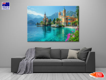 Building with a River, Mountains, Sky Print 100% Australian Made - Bella Home Decor