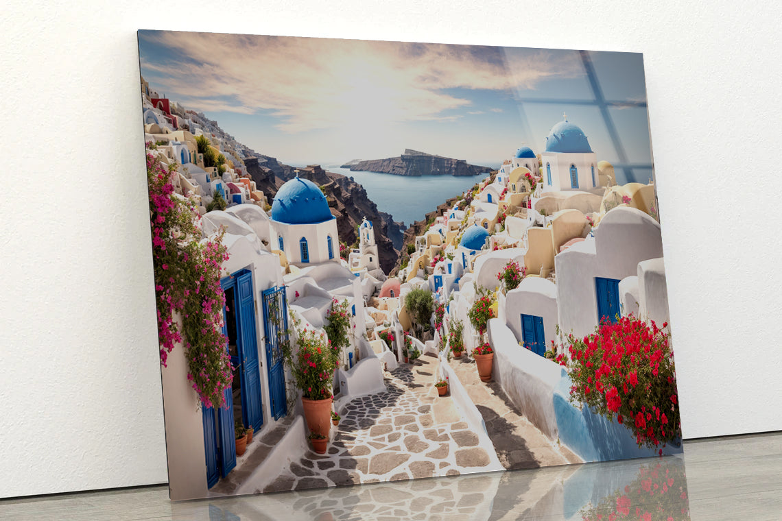 Streets of Santorini with Flowers Acrylic Glass Print Tempered Glass Wall Art 100% Made in Australia Ready to Hang - Bella Home Decor