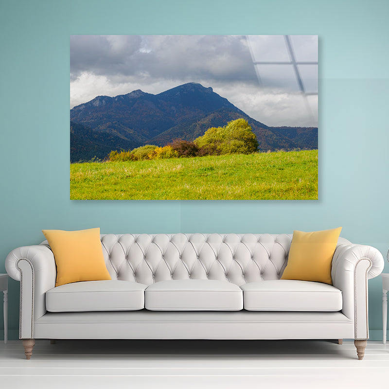 Green Mountains with Storm Clouds Acrylic Glass Print Tempered Glass Wall Art 100% Made in Australia Ready to Hang - Bella Home Decor