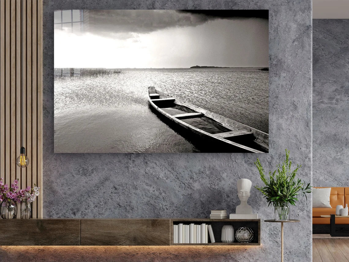 B&W Lonely Boat Lake UV Direct Aluminum Print Australian Made Quality