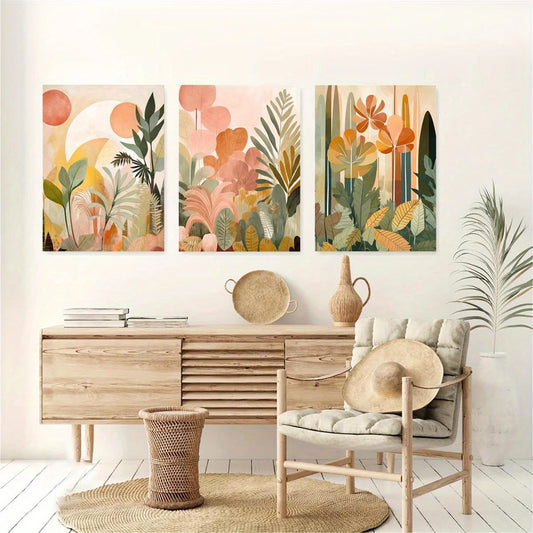 3pcs Tropical Jungle Earth Tones - Botanical Abstract Boho Metal Print Ready to Hang Art