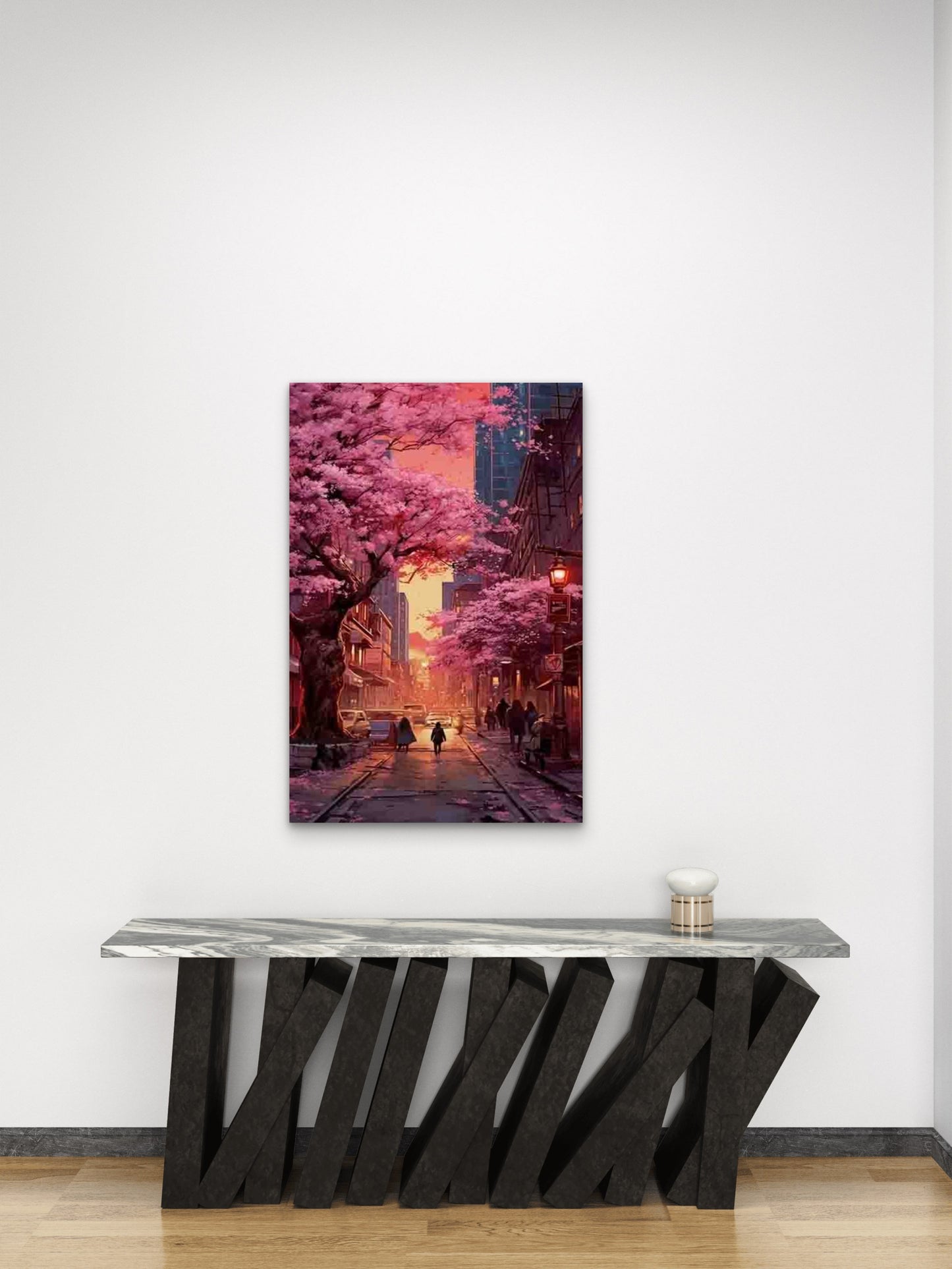 Urban Landscape with Vibrant Pink Trees 60x90cm Metal Print Ready to Hang