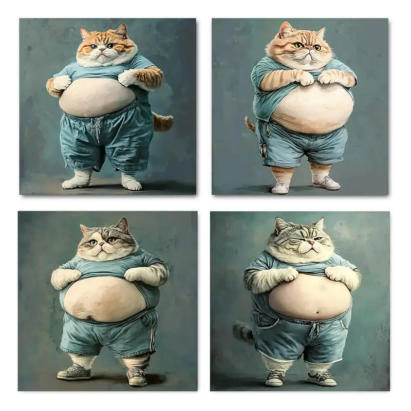 4pcs Funny Cute Fat Cat Wall Art Canvas Framed