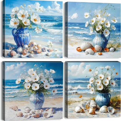 4pcs Vase With Flowers, Seashells & Pine Branche Wall Art Canvas Framed