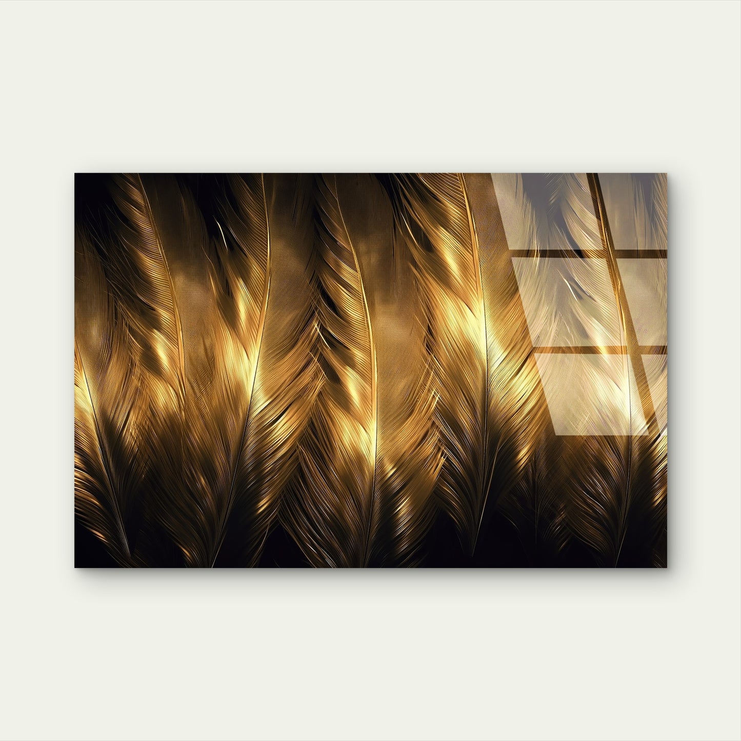 Golden Feathers Abstract  Acrylic Glass Printing Wall Art Australian Made Quality