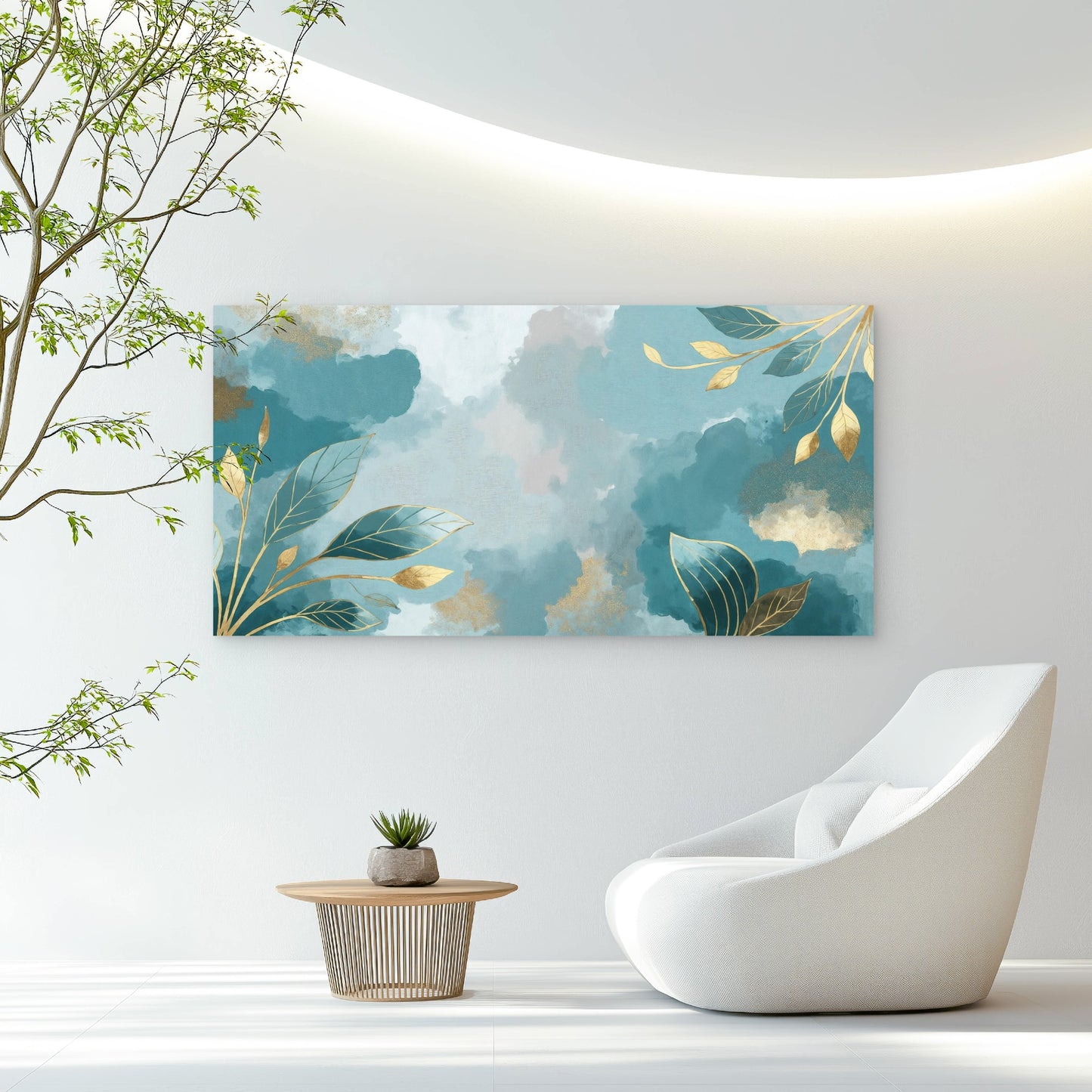 Turquoise Tides Gilded Foliage Wall Art Canvas Office Home Room Framed 120x60cm - Bella Home Decor