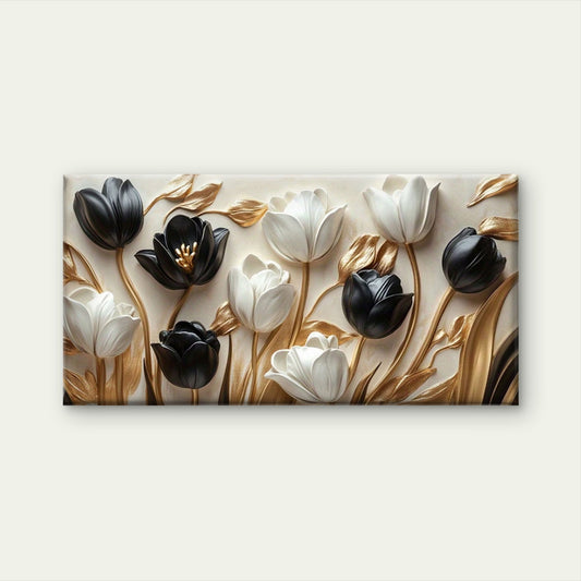 Black & White Tulips with Gold Wall Art Canvas Office Home Room Framed 120x60cm