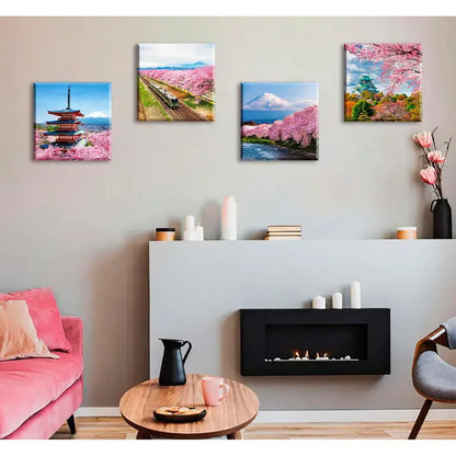 4pcs Japanese Cherry Blossom  Wall Art Canvas Framed