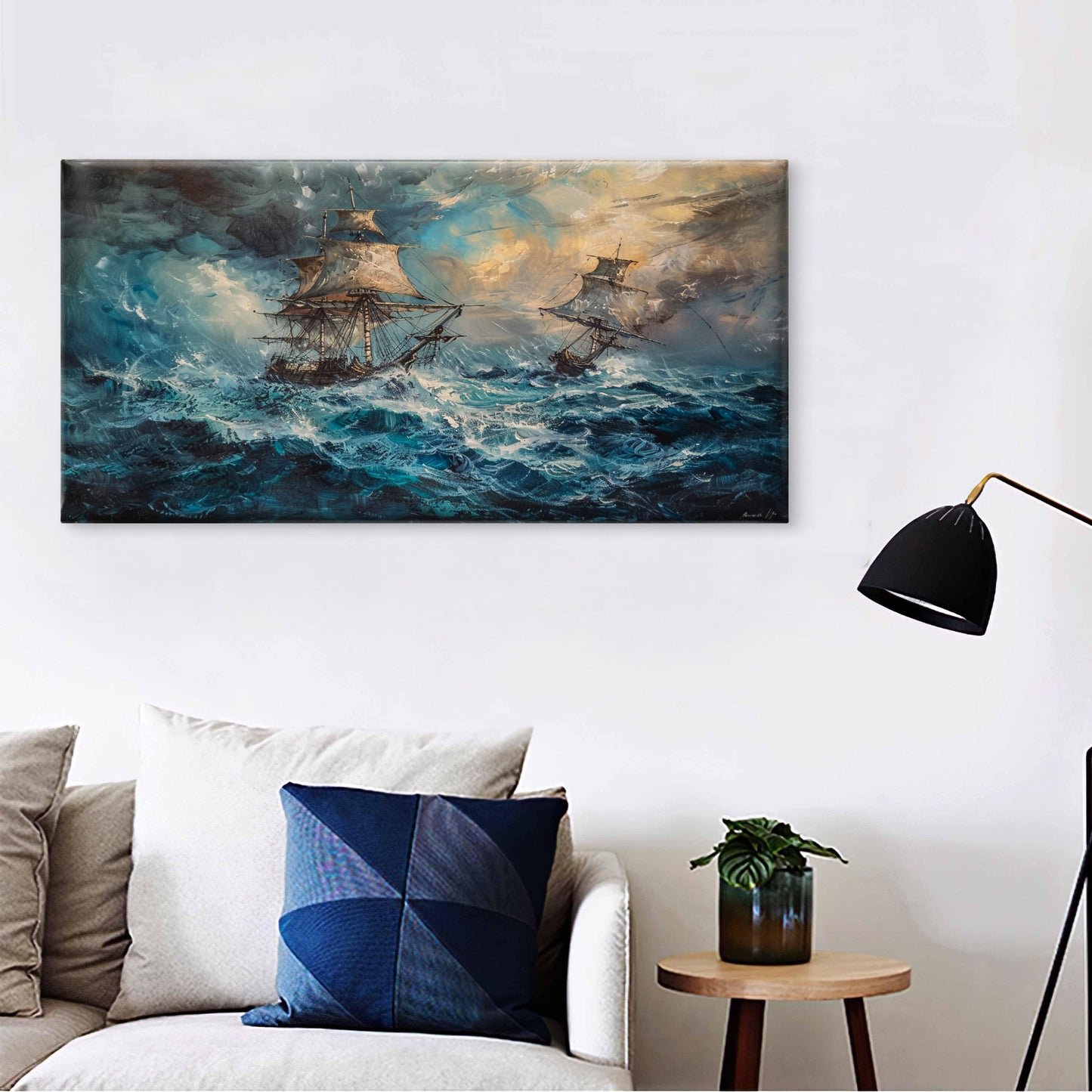 Sailing Ships Storm Ocean Wall Art Canvas Office Home Room Framed 120x60cm