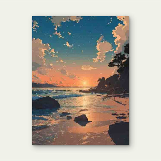 Manga-Style Artwork of a Japanese Sunset Beach 60x90cm Metal Print Ready to Hang