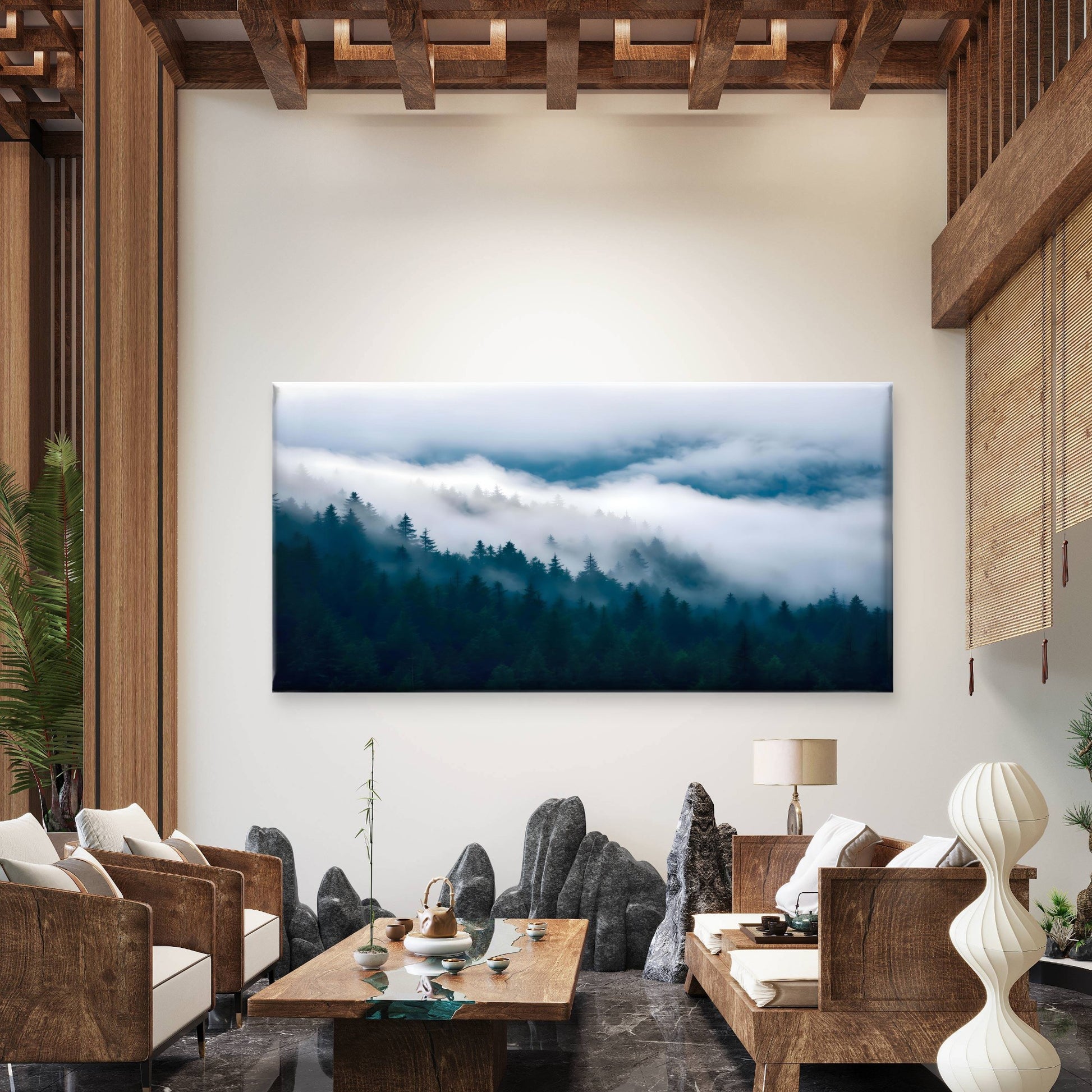 Misty Pine Forest Morning Wall Art Canvas Office Home Room Framed 120x60cm - Bella Home Decor