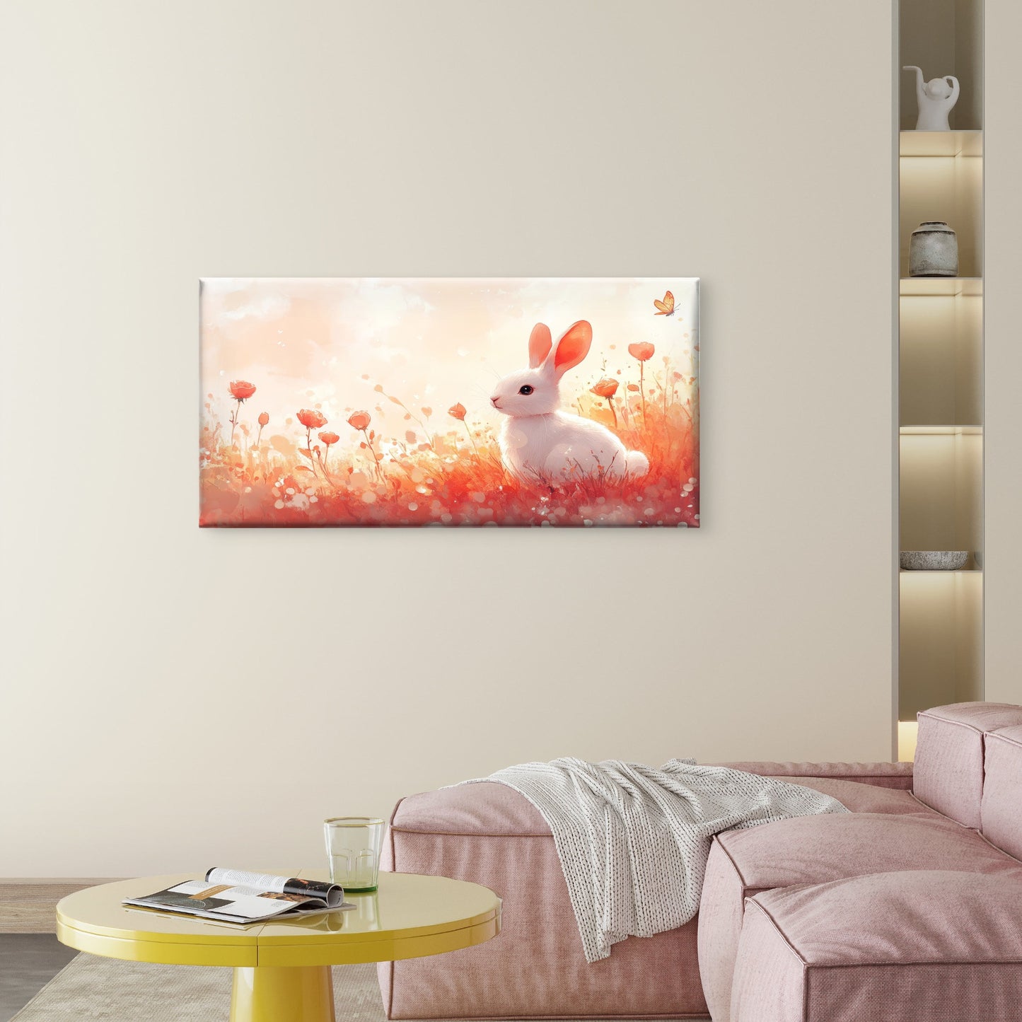 Cute White Bunny Rabbit Meadow Wall Art Canvas Office Home Framed 120x60cm