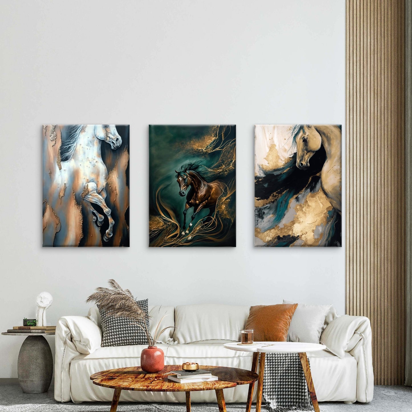 3pcs Abstract Running Horses Painting Teal Gold    Wall Art Set Canvas Framed 60x90cm - High Quality Print 100% Australian Made Wall Canvas Ready to Hang