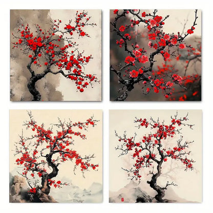 4pcs  Vintage Abstract Red Plum Blossom Wall Art Canvas Framed