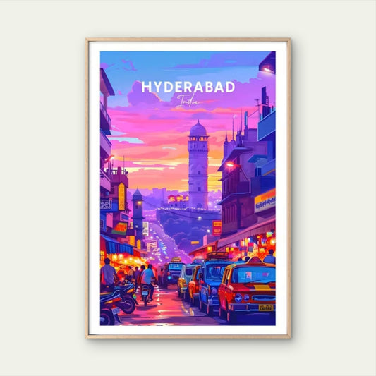 Hyderabad India Pink & Purple Skyline Travel Poster Print Wall Art