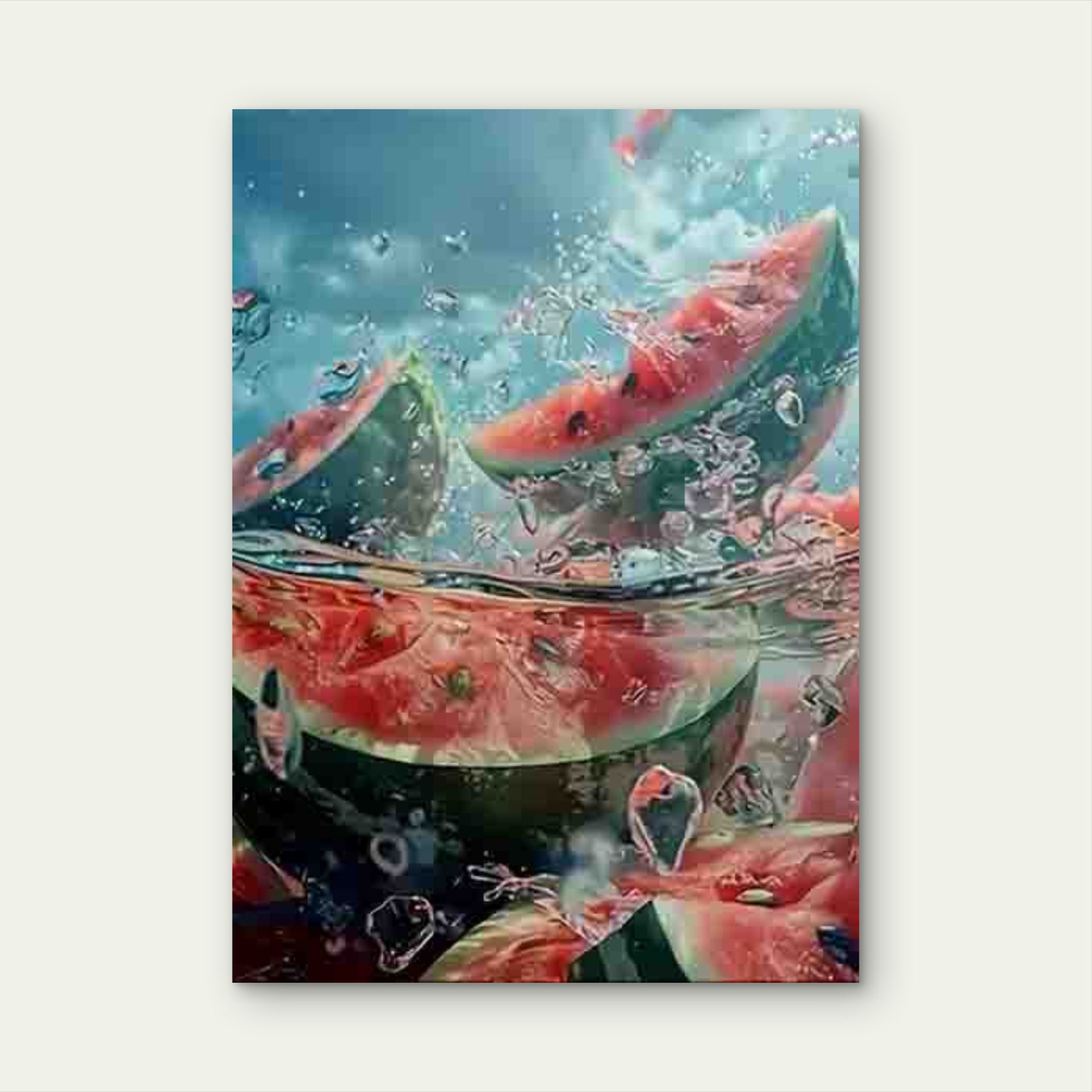 Watermelon Slices with Ice Cubes & Splash Water 60x90cm Metal Print Ready to Hang - Bella Home Decor