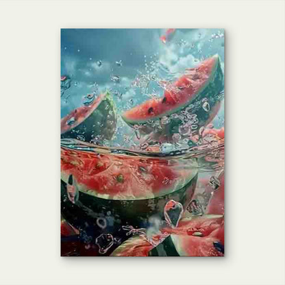 Watermelon Slices with Ice Cubes & Splash Water 60x90cm Metal Print Ready to Hang - Bella Home Decor