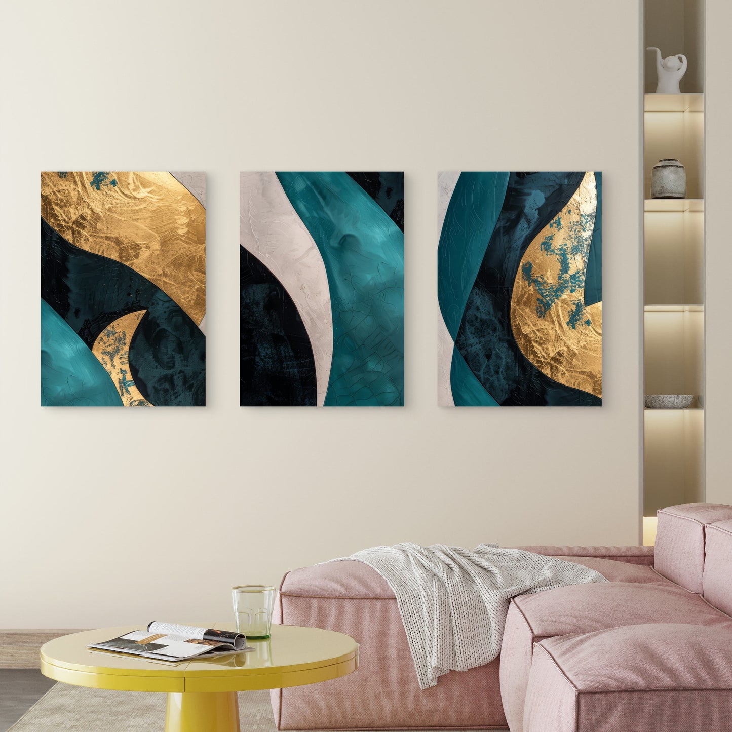 3pcs Teal Gold Abstract Marble Wave Fluid   Wall Art Set Canvas Framed 40x60cm - High Quality Print 100% Australian Made Wall Canvas Ready to Hang