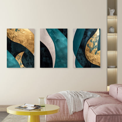 3pcs Teal Gold Abstract Marble Wave Fluid   Wall Art Set Canvas Framed 40x60cm - High Quality Print 100% Australian Made Wall Canvas Ready to Hang